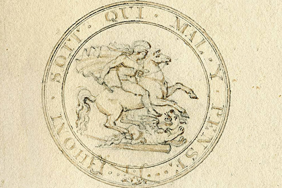 Sketch by Pistrucci for his iconic George and the Dragon Sovereign from the Royal Mint collection.