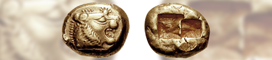 A Lydian 1/3 Stater coin, made from electrum, circa 610-560 BCE.