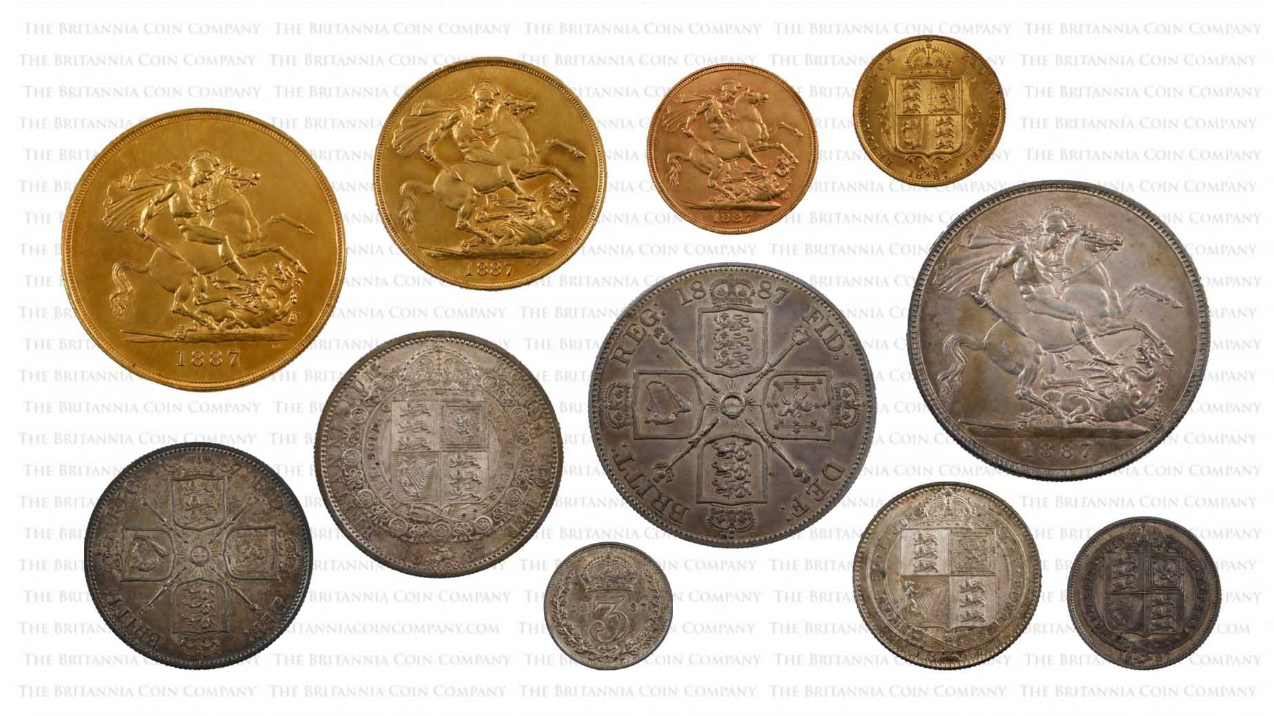 Reverses of Golden Jubilee 1887 Jubilee Head coins.