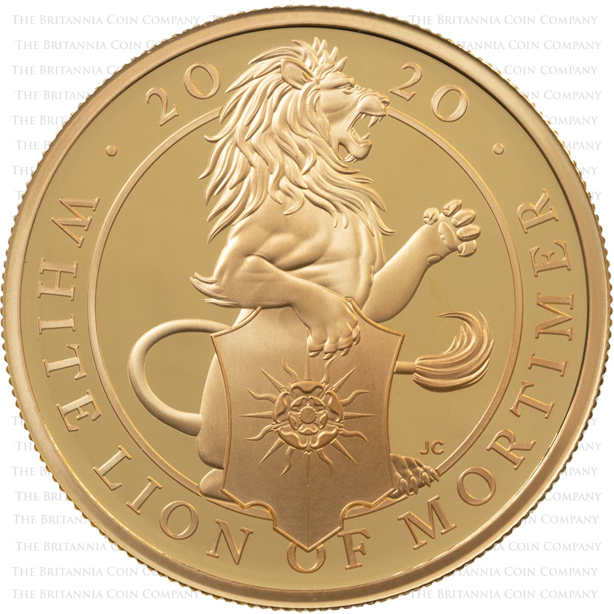 UK20QWGP 2020 Queen's Beasts White Lion Of Mortimer One Ounce Gold Proof Coin Reverse