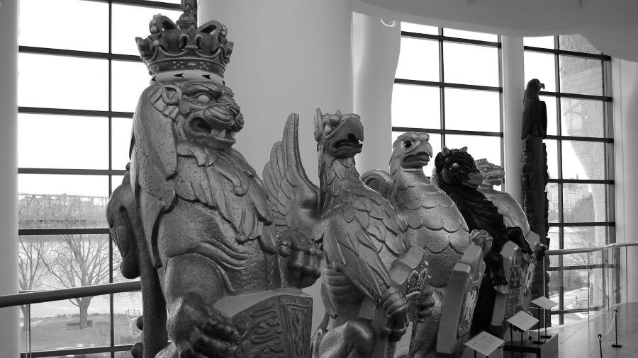 Five of the Queen's Beast sculptures made for the 1953 Coronation, on display in Quebec.