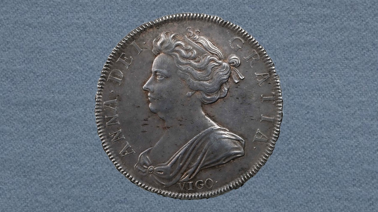 Reverse image of a Queen Anne 1703 Vigo Halfcrown.