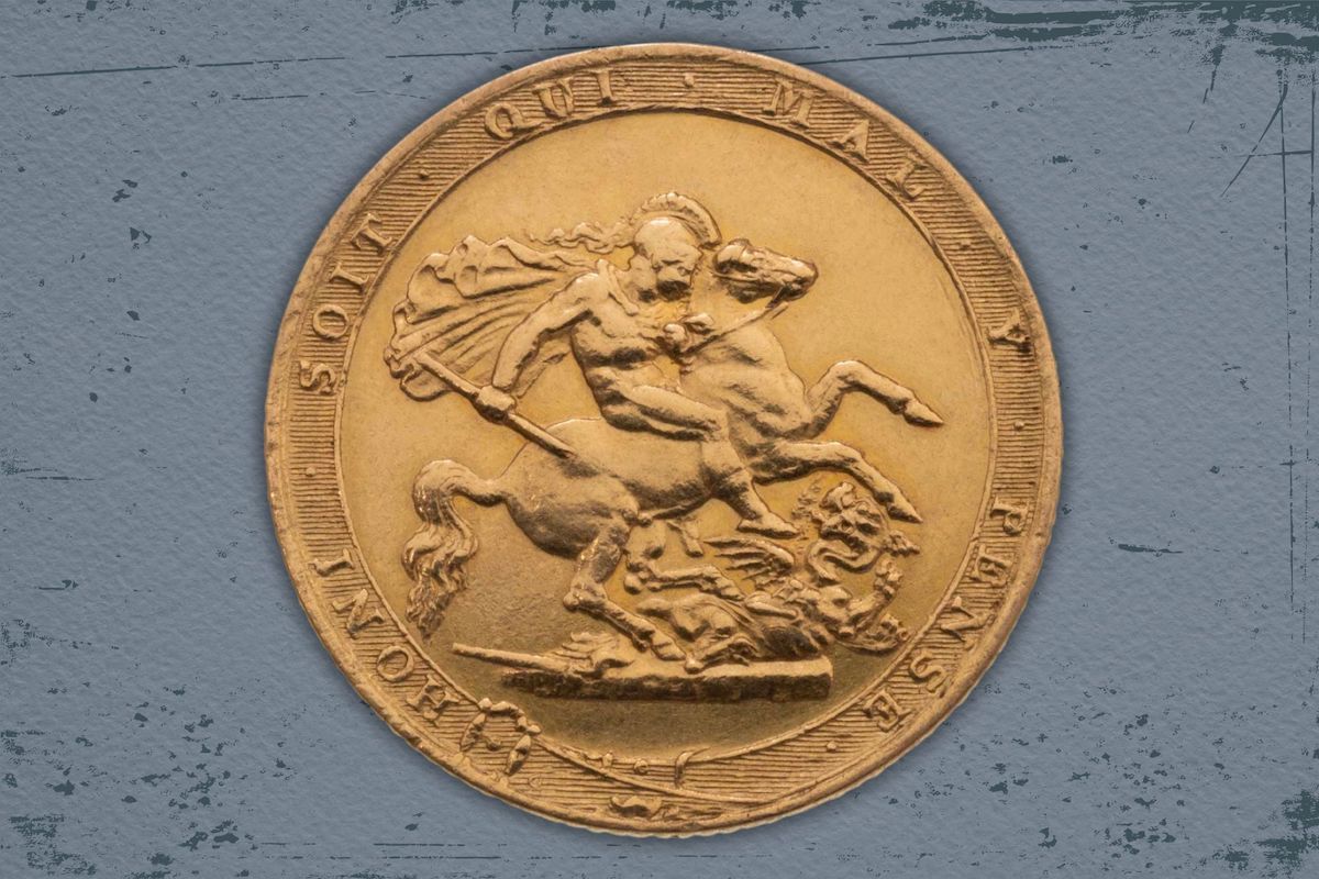 Reverse of an 1817 full Sovereign featuring Benedetto Pistrucci's classic St George and the dragon motif.