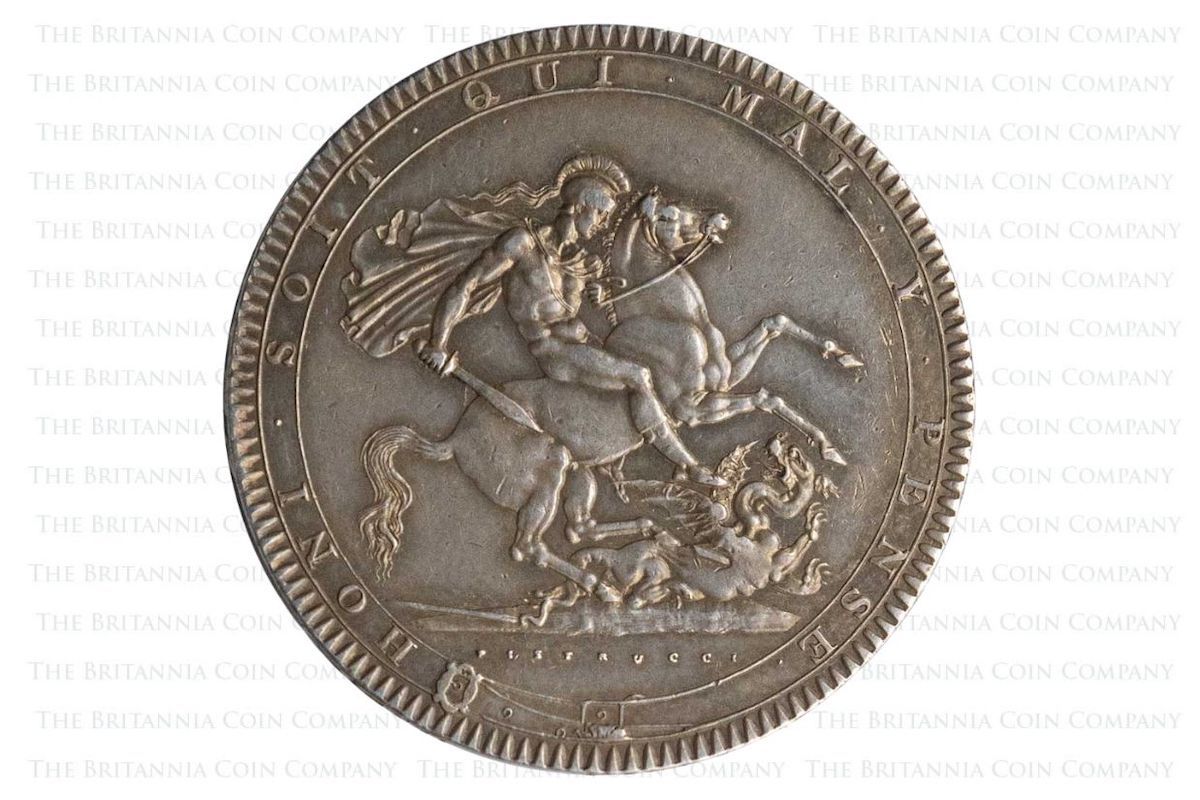 Pistrucci's Saint George and the dragon design, as seen on the reverse of an 1819 Crown.