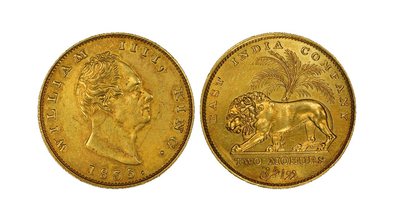 An 1835 Gold Two Mohurs coin, minted by the East India Company, from the collection of the National Museum of American History.