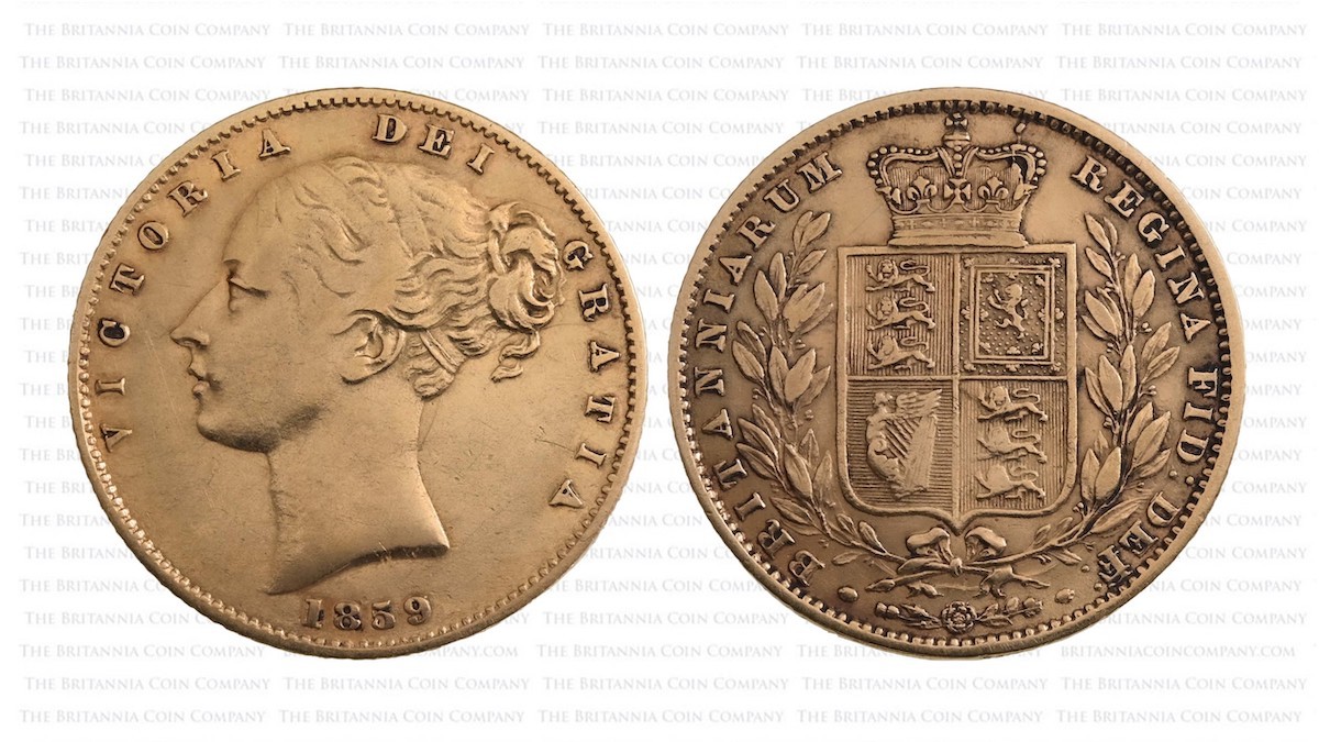 Obverse and reverse of a scarce 1859 Ansell Sovereign.
