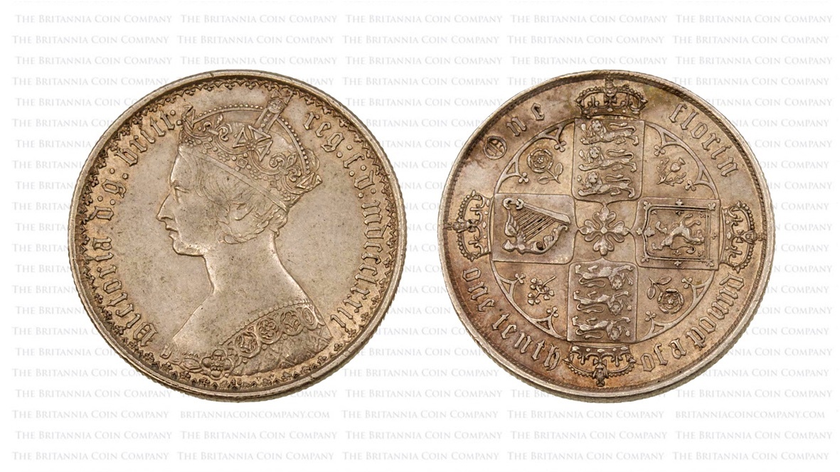 This 1872 silver Florin uses the same obverse and reverse as the Crown of 1847 with some modifications.