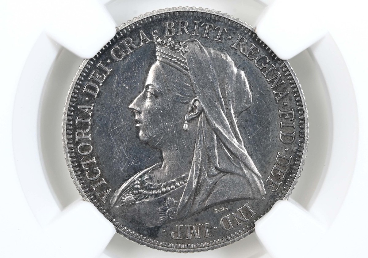 Thomas Brock's Widowed Head portrait of Victoria, engraved by de Saulles, as it appears on an 1893 Shilling.