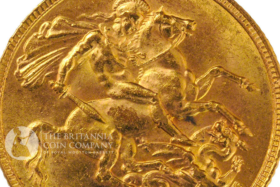 Benedetto Pistrucci's George and the Dragon as it appears on the reverse of Gold Sovereign issued in 1902, during the reign of Edward VII. The design has had remarkable longevity on British coinage