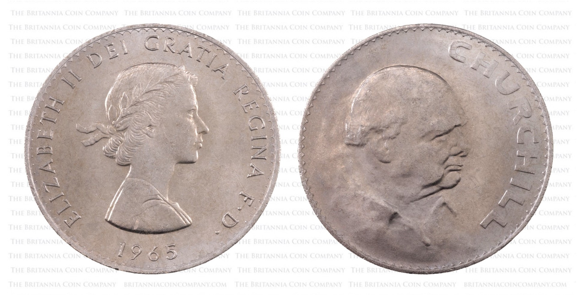 Obverse and reverse of a 1965 Churchill Crown: you might find these coins loose or in a special plastic case.