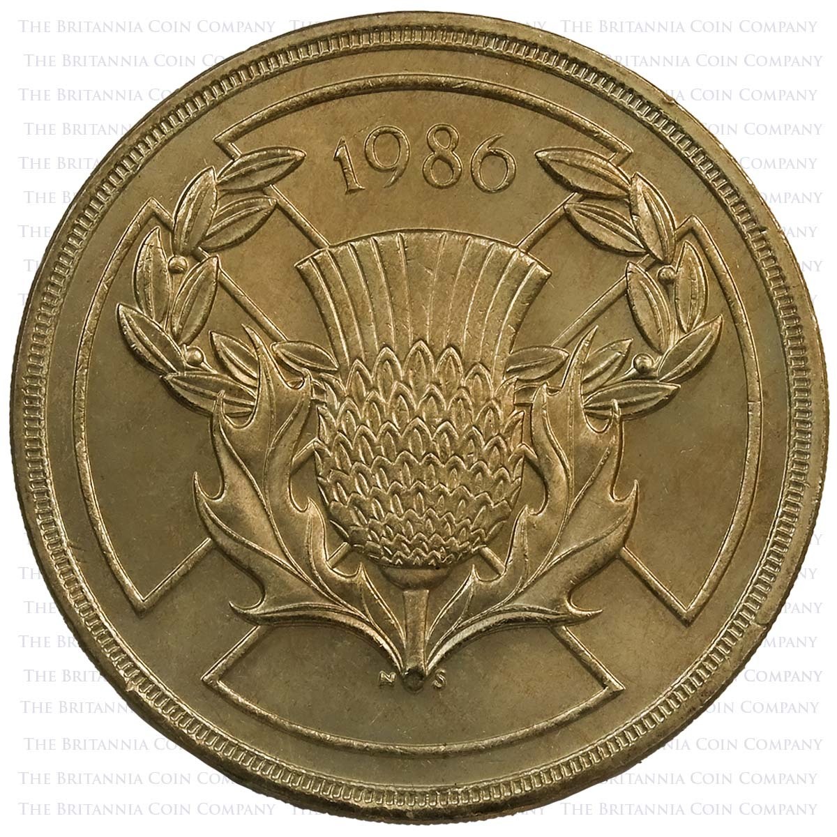 This 1986 coin was the first commemorative Two Pound issued by The Royal Mint.  The design celebrates the 13th Commonwealth Games which took place in Edinburgh, Scotland. The work of Norman Sillman, this coin features a Scottish thistle and a wreath of la