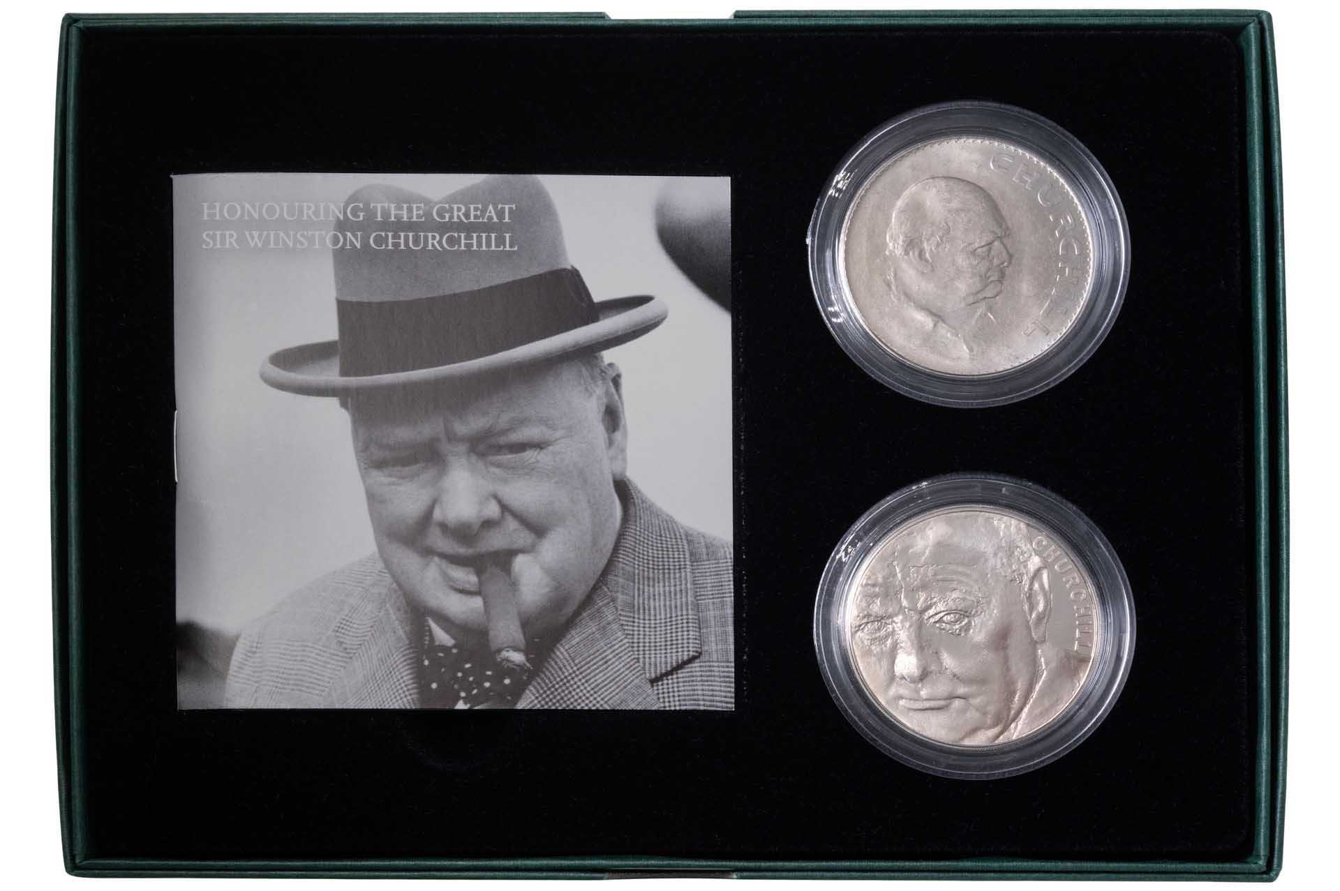 This 2015 Royal Mint set features a new brilliant uncirculated Five Pound coin (bottom) alongside a 1965 Churchill Crown (top).