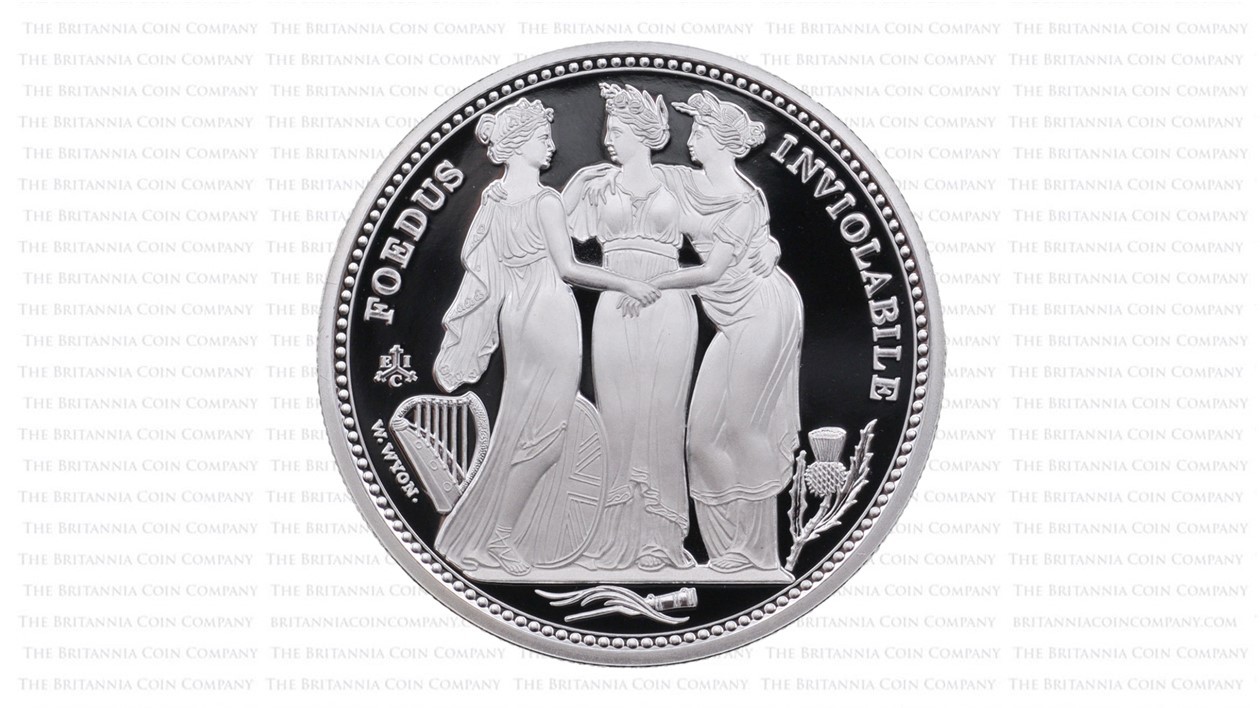 The reverse of the 2021 Saint Helena Silver Proof One Ounce : The Three Graces shows the East India Company’s reissue of William Wyon’s iconic 1817 design.