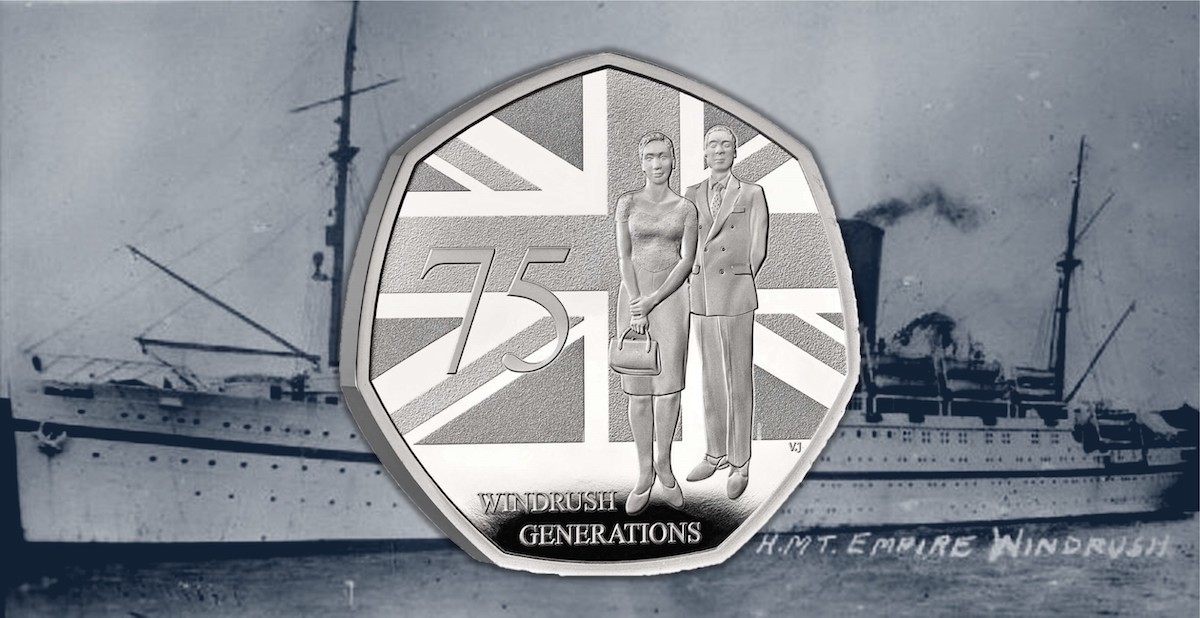 The 2023 Windrush 50p features two Windrush migrants against a Union Jack flag.