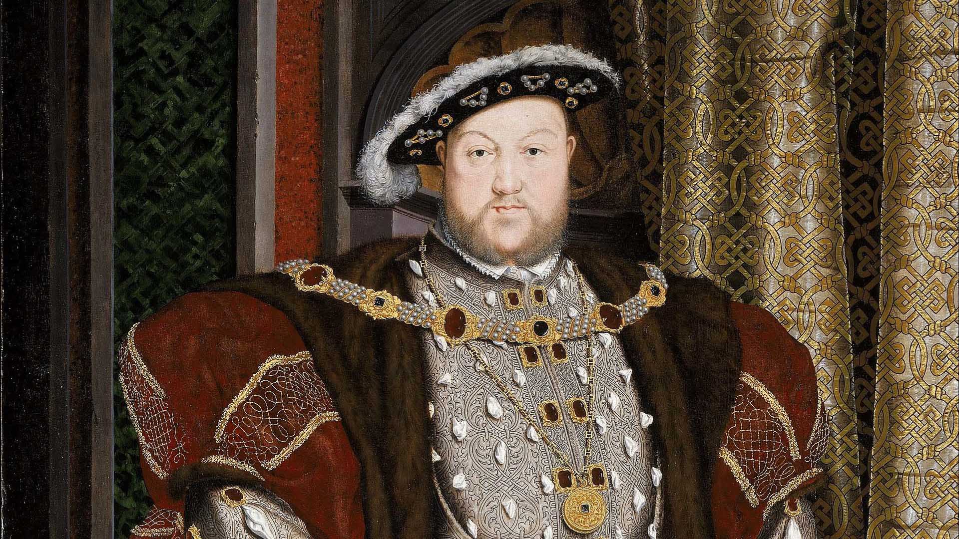 The unusual forward-facing effigy that appeared on Henry VIII's Testoons bears similarities to this arresting portrait of the king after Hans Holbein's lost original. From the collection of the Walker Art Gallery.