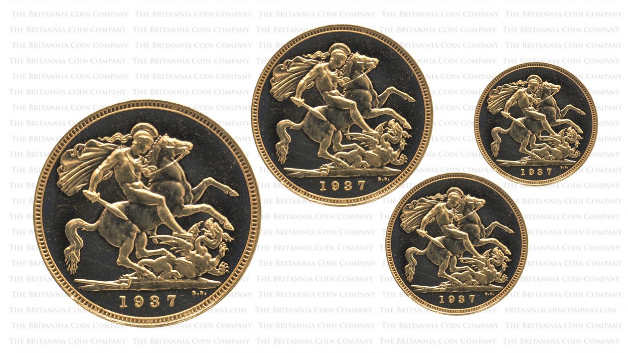 1937 gold Five Pound, Two Pound, Sovereign and Half Sovereign: the first and only issue of gold coins during the reign of George VI.
