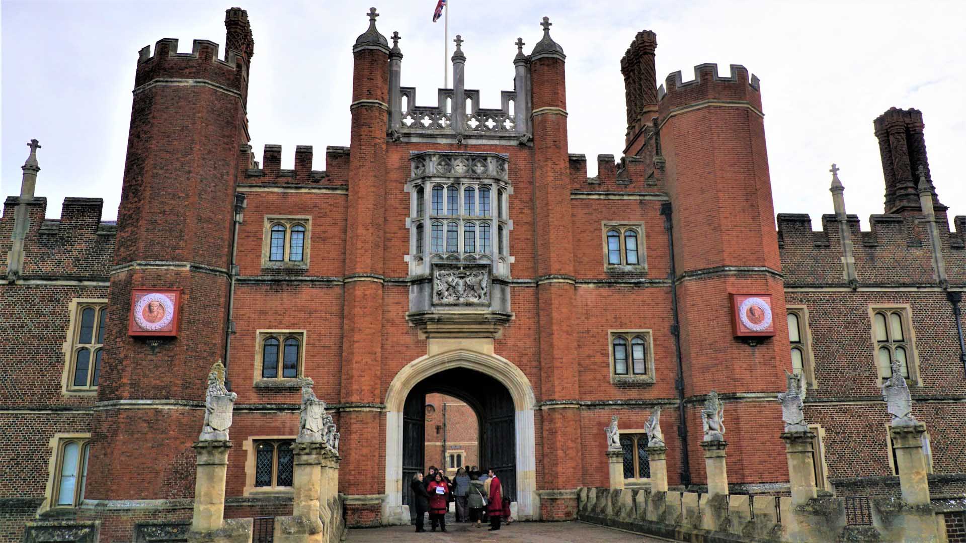 The King’s Beasts line the bridge to Hampton Court Palace's instantly recognisable Great Gatehouse.