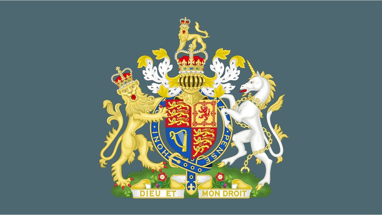 The royal coat of arms of the United Kingdom contain numerous royal and heraldic symbols, including the lion of England and the unicorn of Scotland as supporters.
