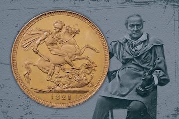 Thumbnail image of Benedetto Pistrucci and an 1821 gold Sovereign with the reverse showing the artist's St George design.
