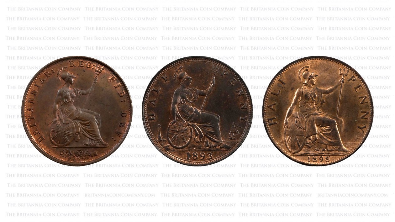 Three copper and bronze Halpennies with reverses by William Wyon, Leonard Charles Wyon and George William de Saulles.