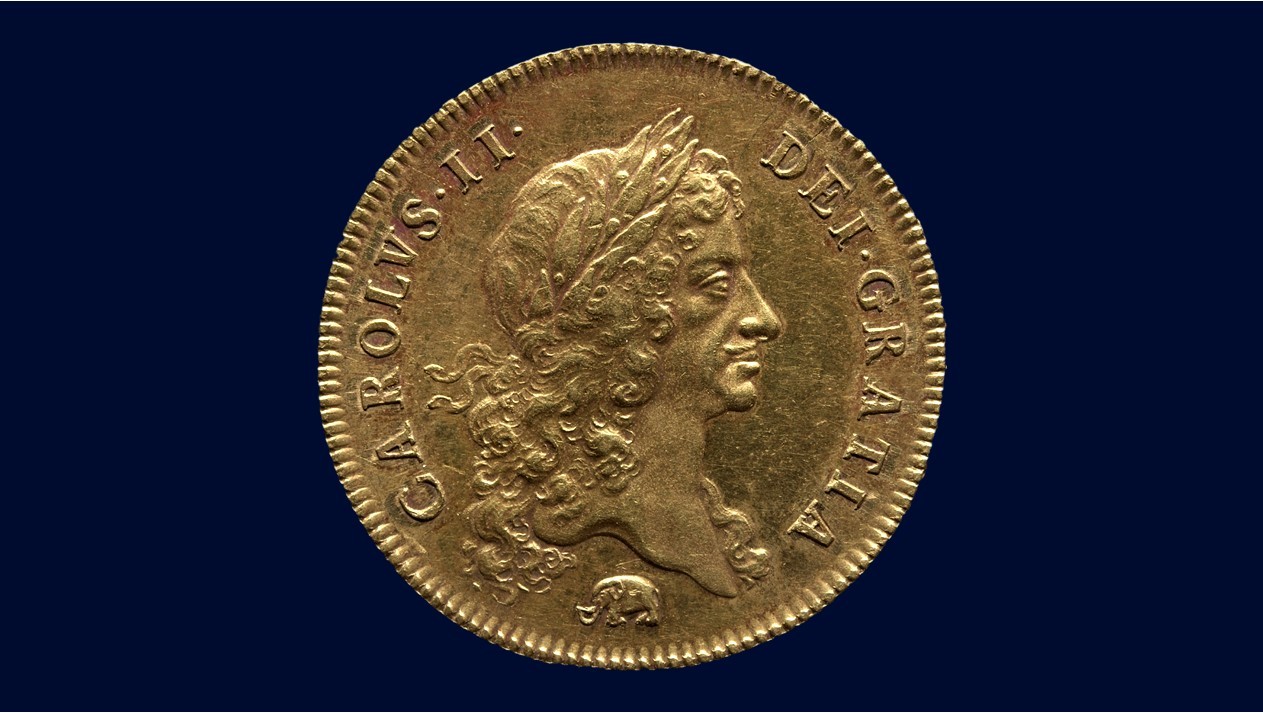 A 1668 Charles II gold Five Guinea coin from the collection of the Cleveland Museum of Art.
