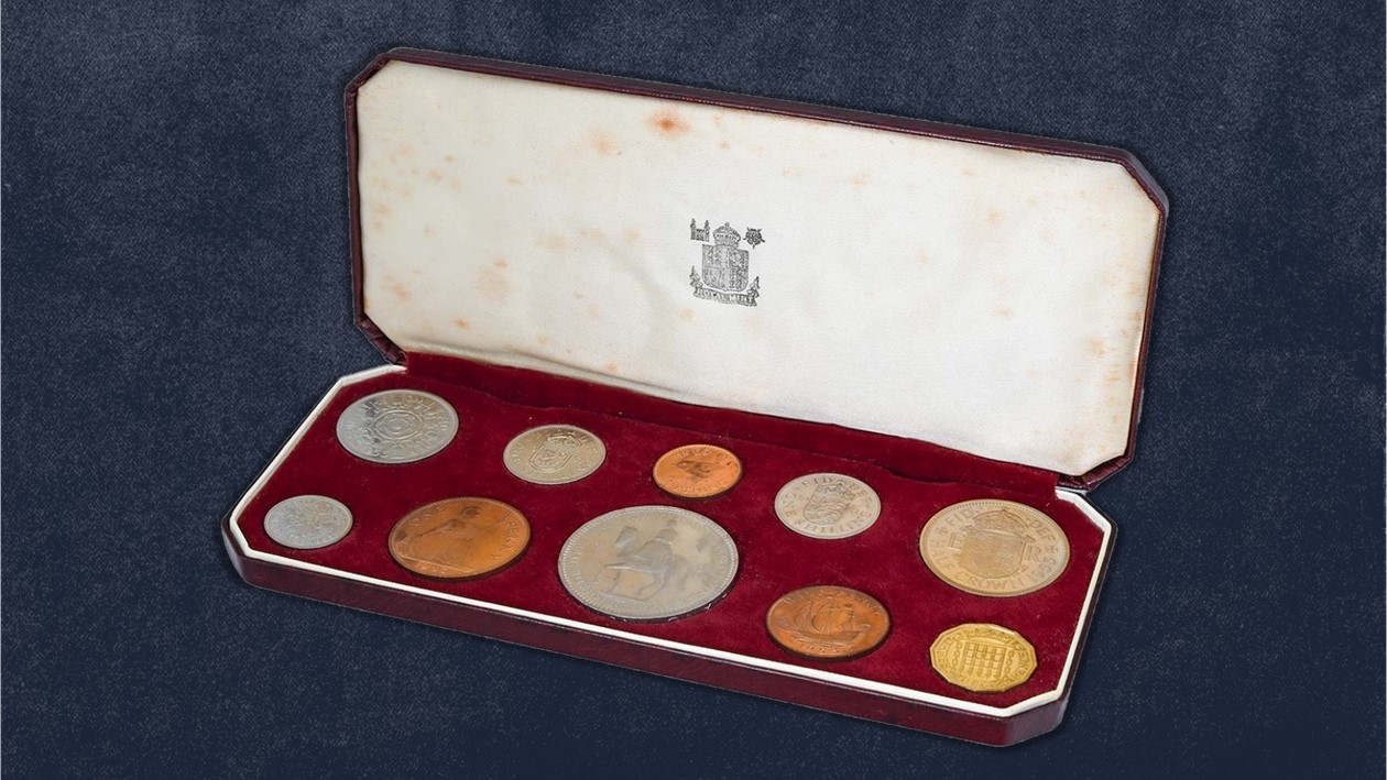 Interior of a Royal Mint ten coin 1953 Coronation Specimen Set.