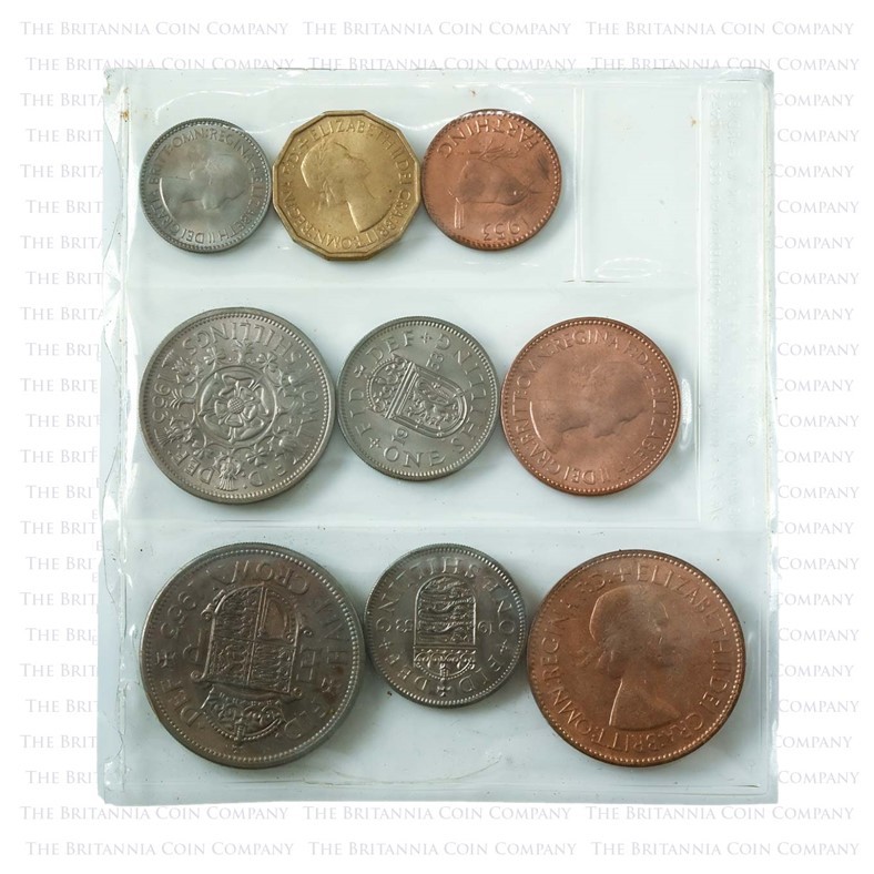 Nine coin 1953 Elizabeth II Circulation Set in plastic sleeve.