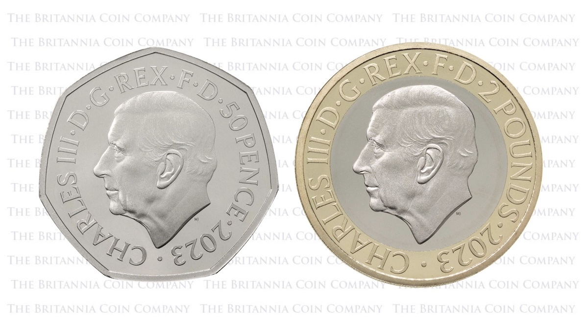 Martin Jennings' uncrowned portrait of King Charles III as it appears on the obverse of 2023 silver proof 50ps and £2 coins.