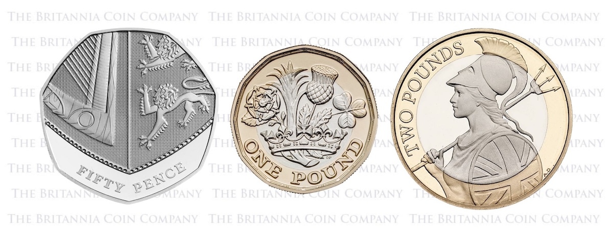 Current definitive designs, left to right: a shield 50p (introduced in 2008), a 'Nations of the Crown' £1 (2016) and a Britannia £2 (2015).