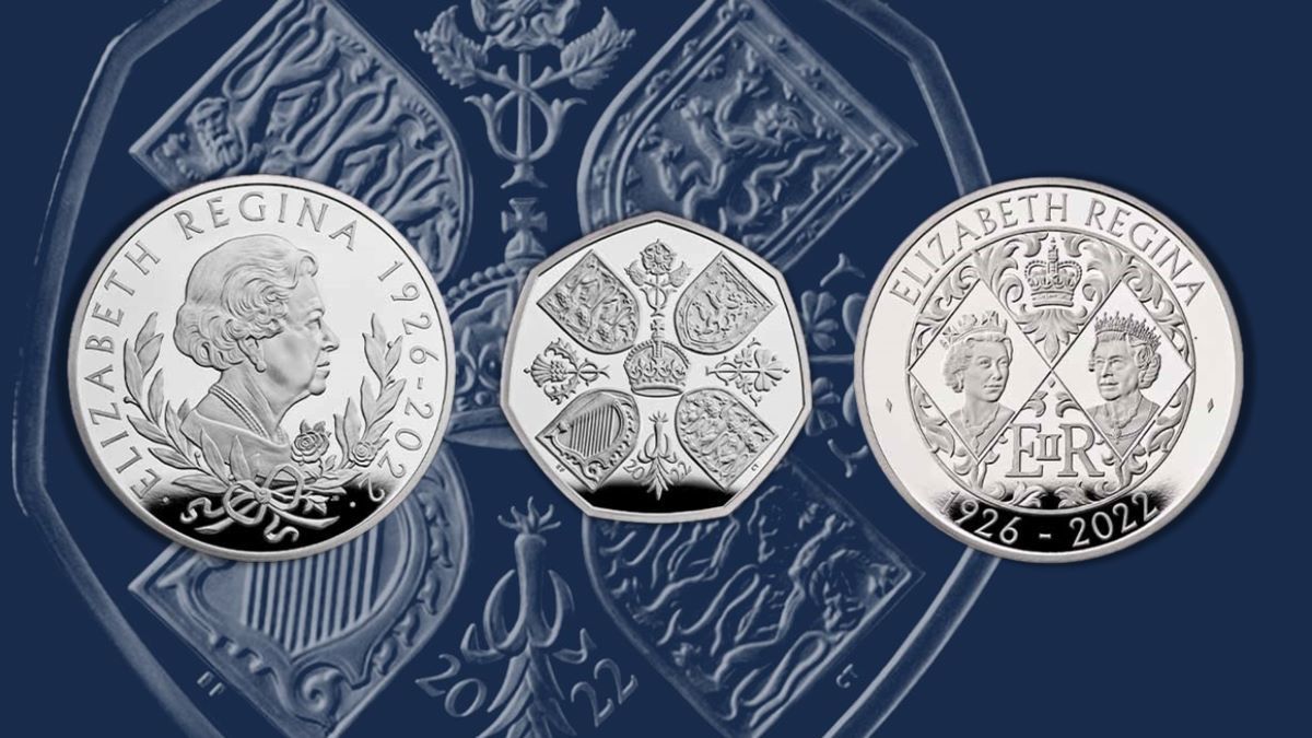 The three new commemorative Elizabeth II coins, due to be issued on Monday 3 October 2022 with the new portrait of King Charles III to the obverse.