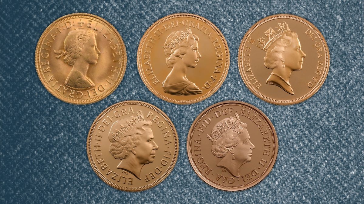 Five portraits of the late Queen Elizabeth II on gold Sovereigns issued during her reign.