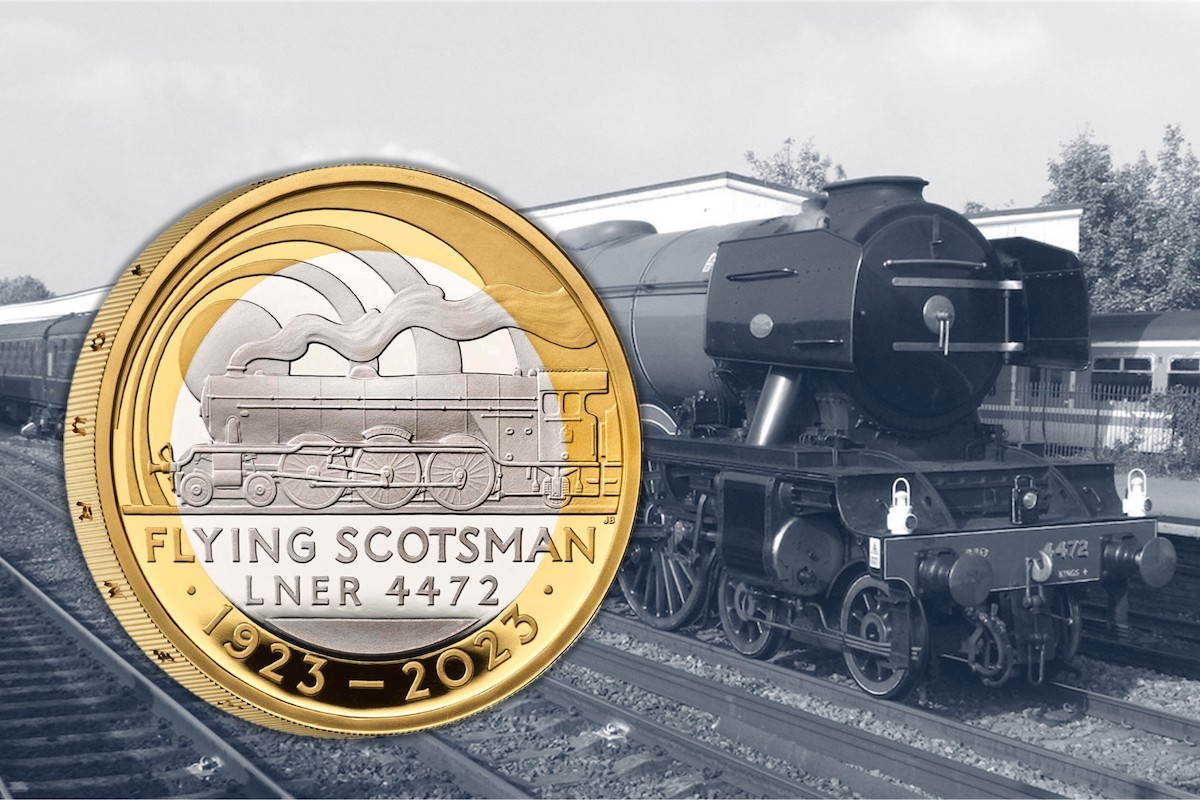 The new Flying Scotsman 2023 Two Pound coin shows the LNER train steaming along the tracks.