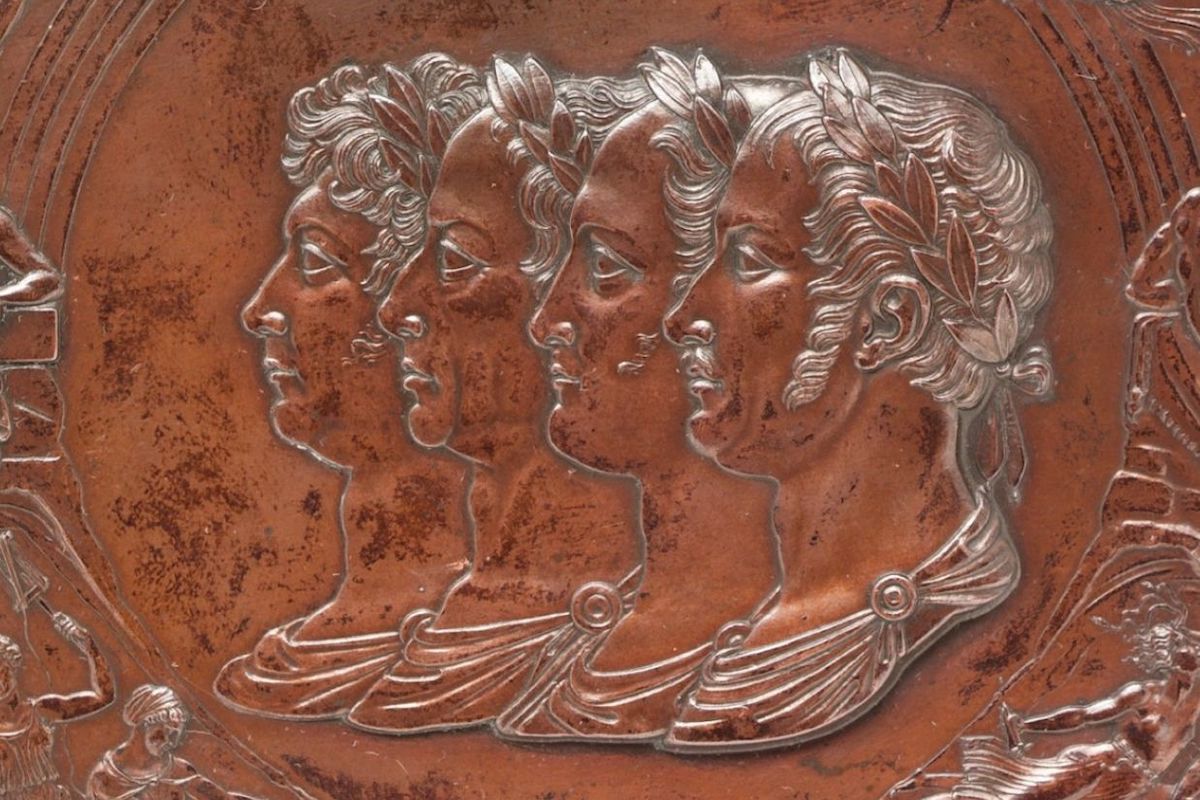 Portraits of the allied leaders on the Waterloo medal: King George IV, Emperor Francis I of Austria, Tsar Alexander I of Russia and King Frederick William III of Prussia.