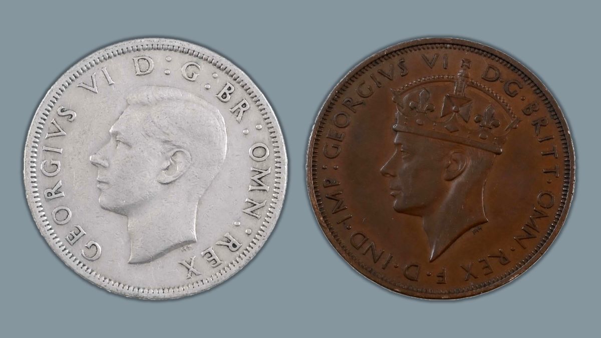 George VI, Charles III's grandfather, appears crowned on this Jersey Twelth Shilling (left) and uncrowned on this UK Halfcrown (right), both minted in 1947.