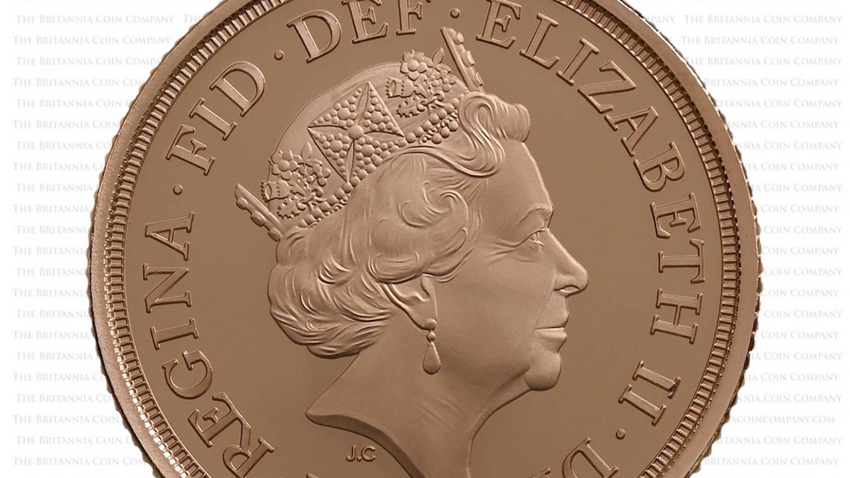 Clark's portrait of Queen Elizabeth II, as it appears on the obverse of a 2022 Jubilee proof Sovereign.