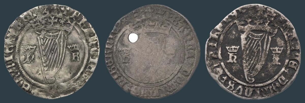 Irish Harp Tudor Groats King Henry VIII With Queens Initials Three Irish Groats carrying (left to right) the initials of Henry VIII and Katherine of Aragon, Anne Boleyn and Jane Seymour on either side of the crowned harp.