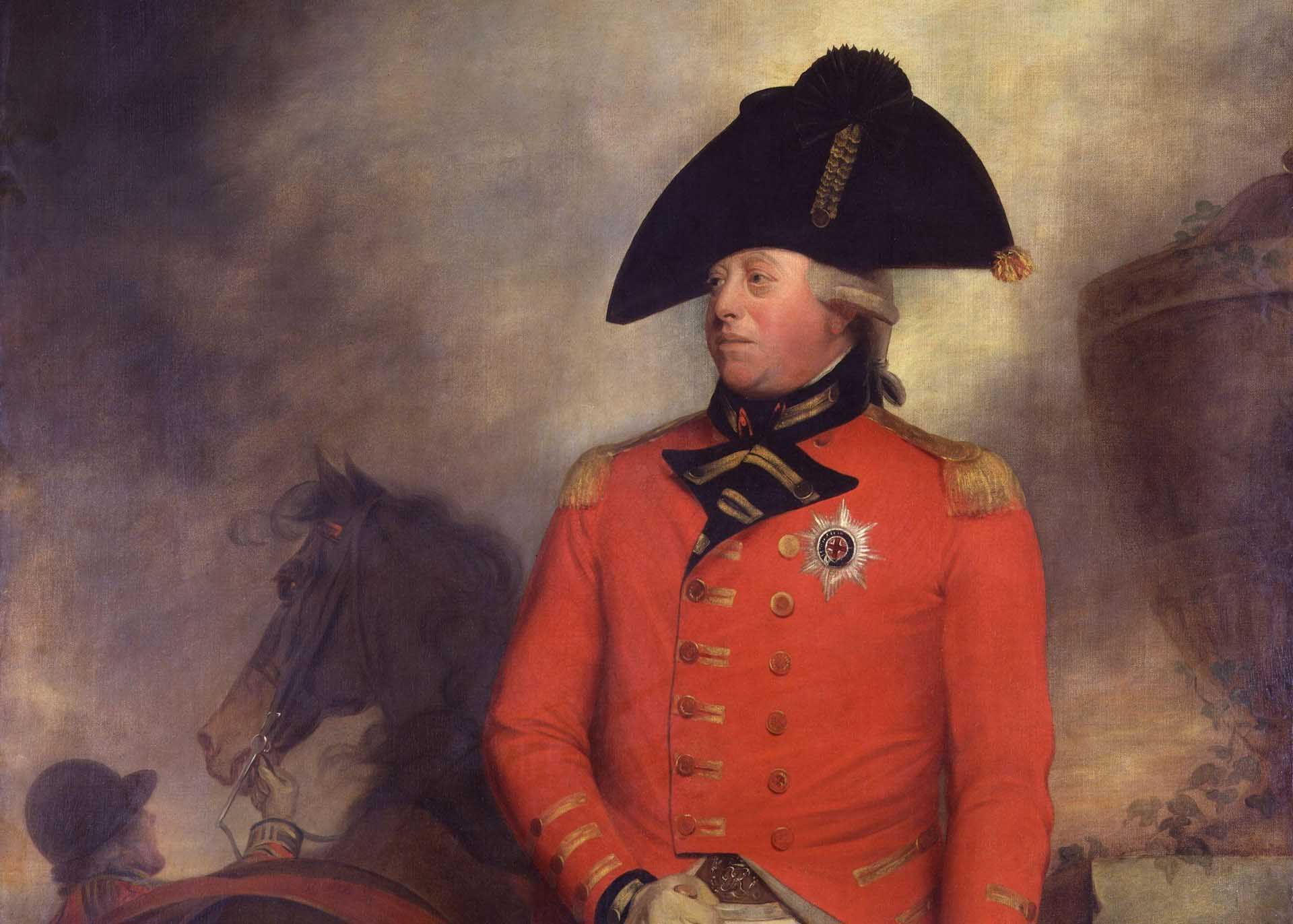 Portrait of George III from around 1800 by William Beechey. The first modern Double Sovereigns were struck at the end of George's reign, reportedly on 29 January 1820: the very night of his death.