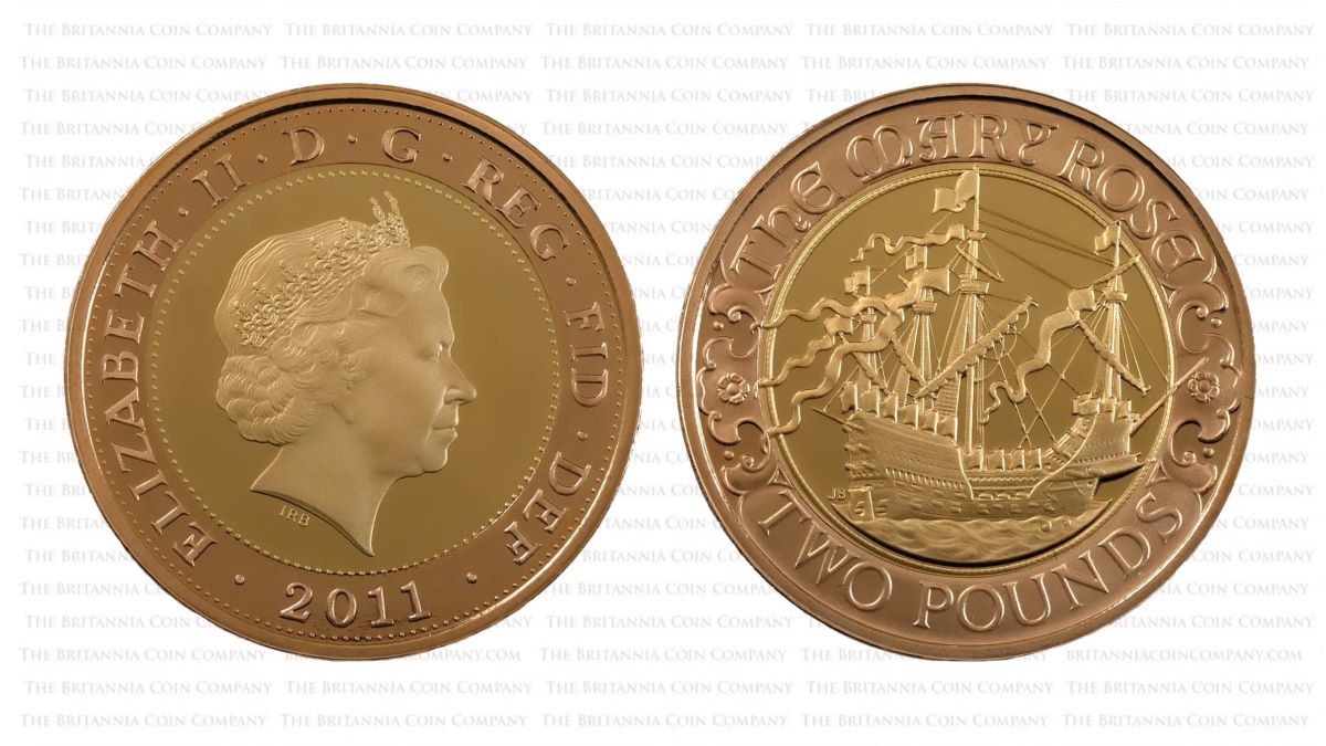 A 2011 commemorative gold proof Two Pound coin that looks back to the Tudor roots of the denomination to celebrate 500 years since the launch of the Mary Rose. The red-gold rim apes the bimetallic composition of modern circulating £2 coins.