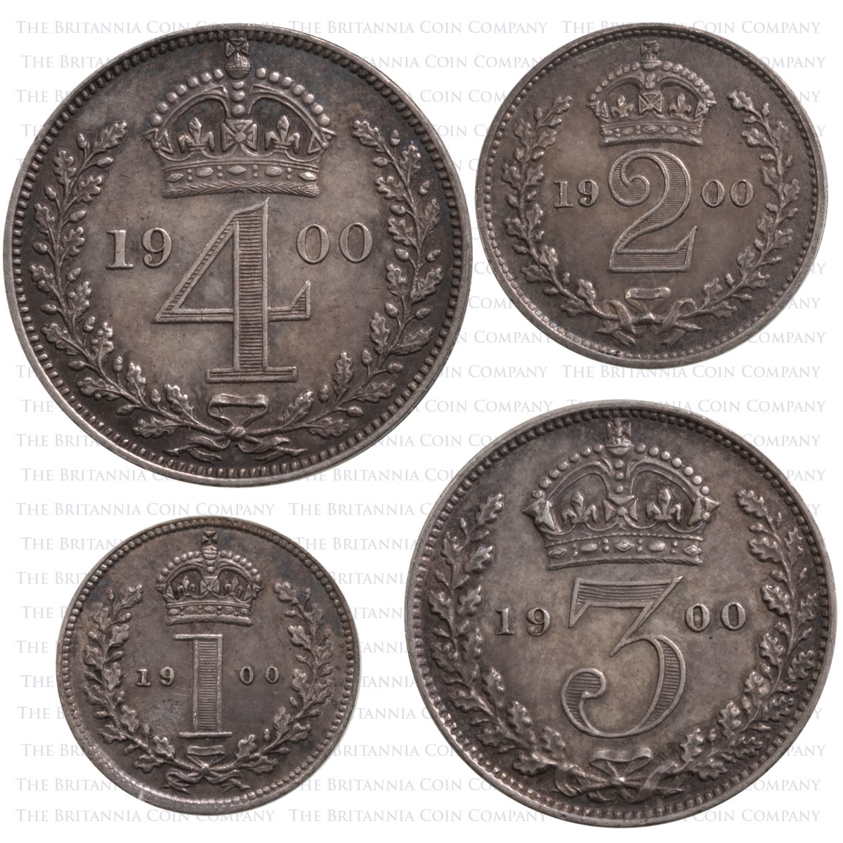 The relative size of Royal Maundy: Maundy coins dated 1900, late in the reign of Queen Victoria, show Jean Baptiste Merlen's classic crown and oak wreath design.