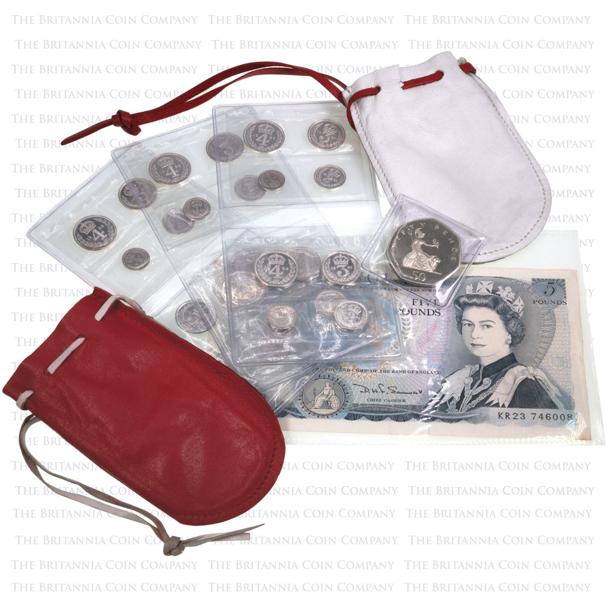 These Maundy coins, banknote and 50p were presented by Queen Elizabeth II at Ripon Cathedral in 1984, inside of the traditional pouches.