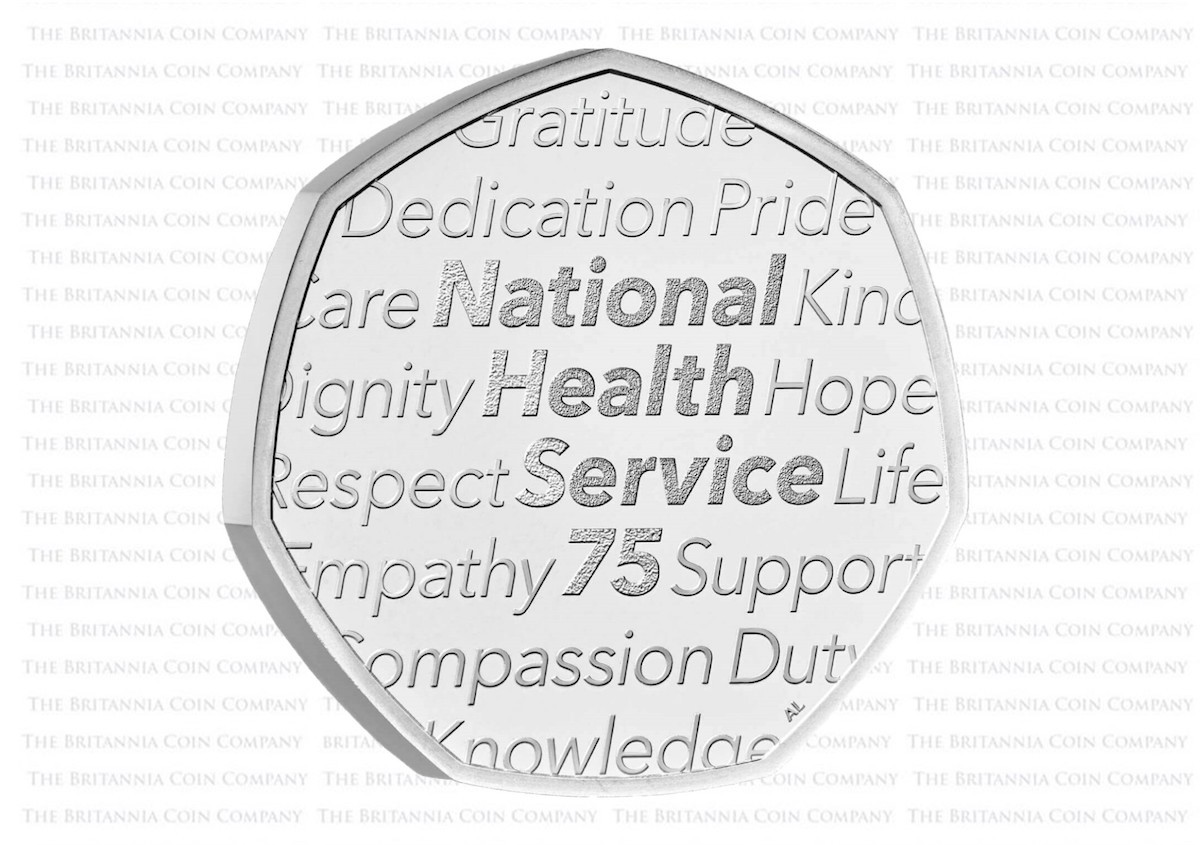 The 2023 National Health Service Fifty Pence uses words associated with the NHS for a modern, graphic design.