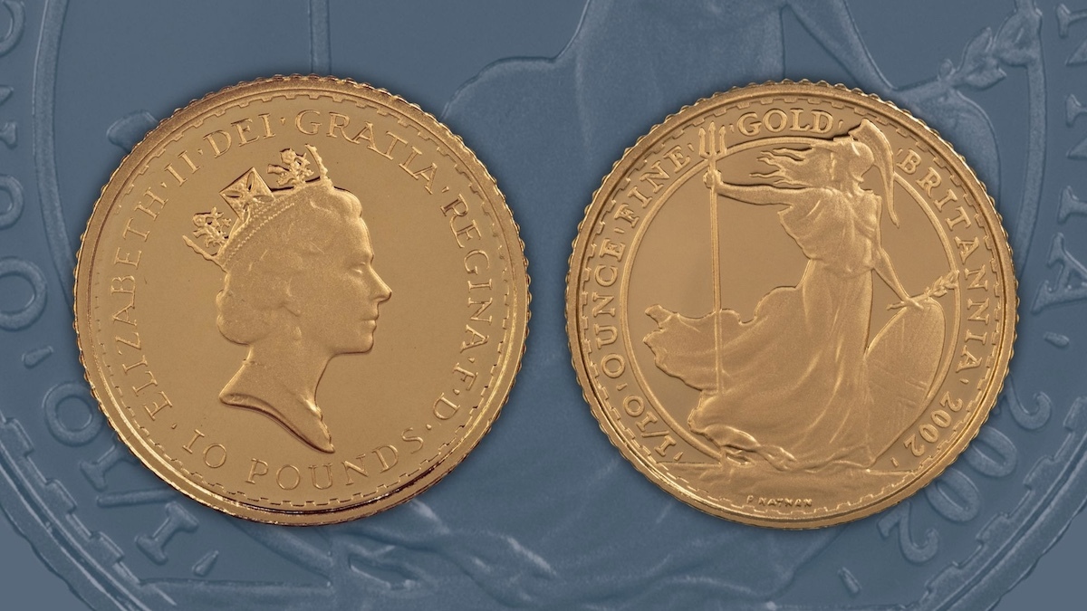 Obverse and reverse of a muled 2002 gold proof tenth ounce Britannia.