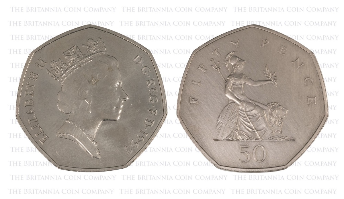 Both sides of a circulated 1997 50p with Raphael Maklouf's portrait of Queen Elizabeth II (right), paired with Christopher Ironside's much-admired definitive Britannia design.