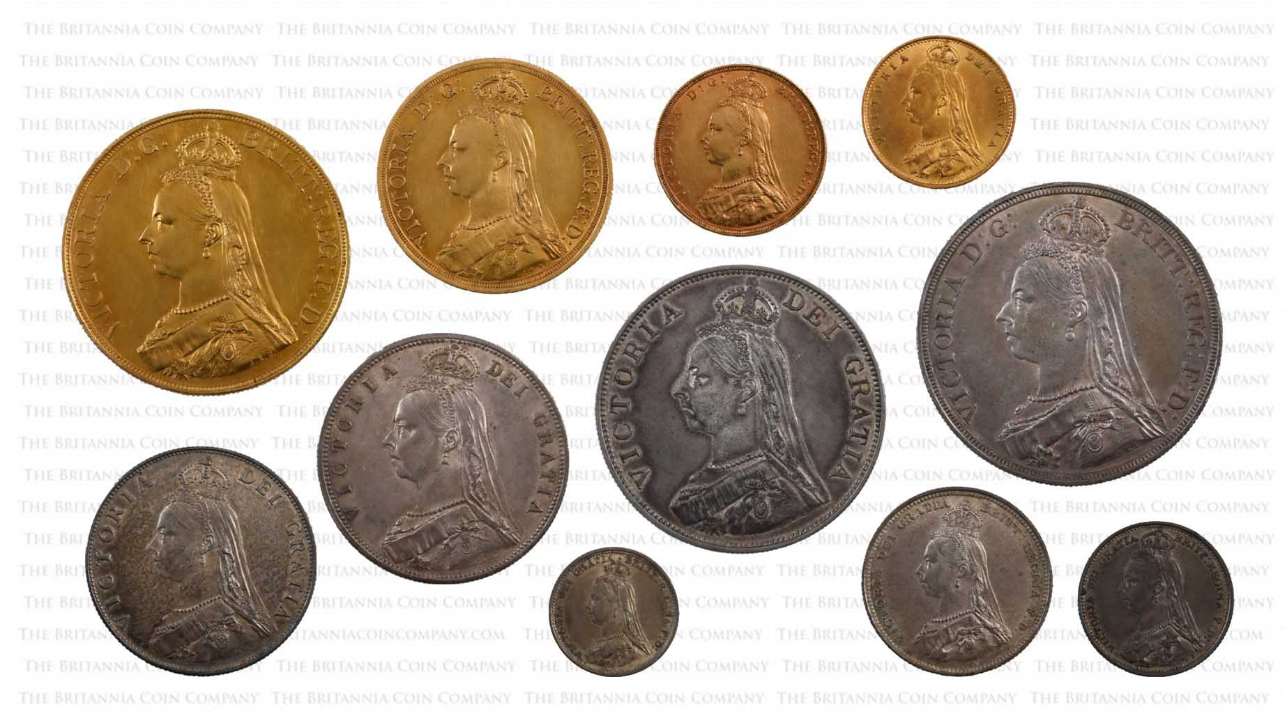 Obverse of coins with Jubilee Head in an 1887 Golden Jubilee Specimen Set.