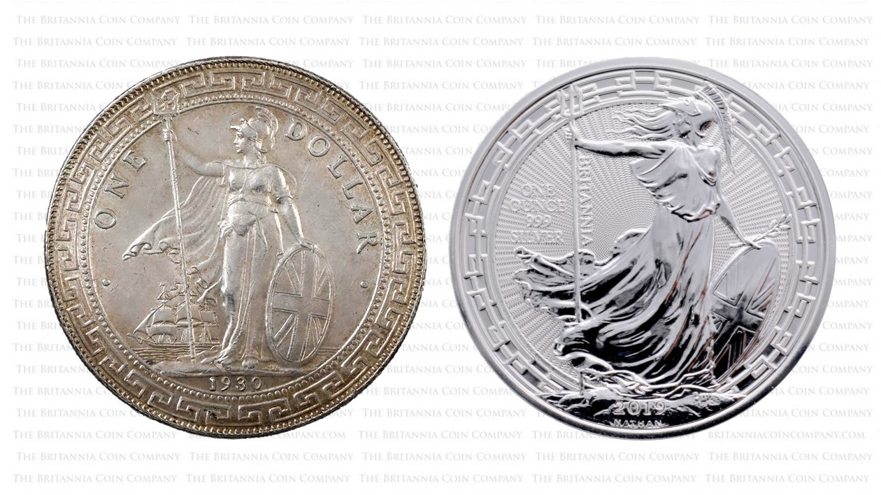 The British Trade Dollar reverse compared to a recent Britannia variation featuring an 'oriental' border.