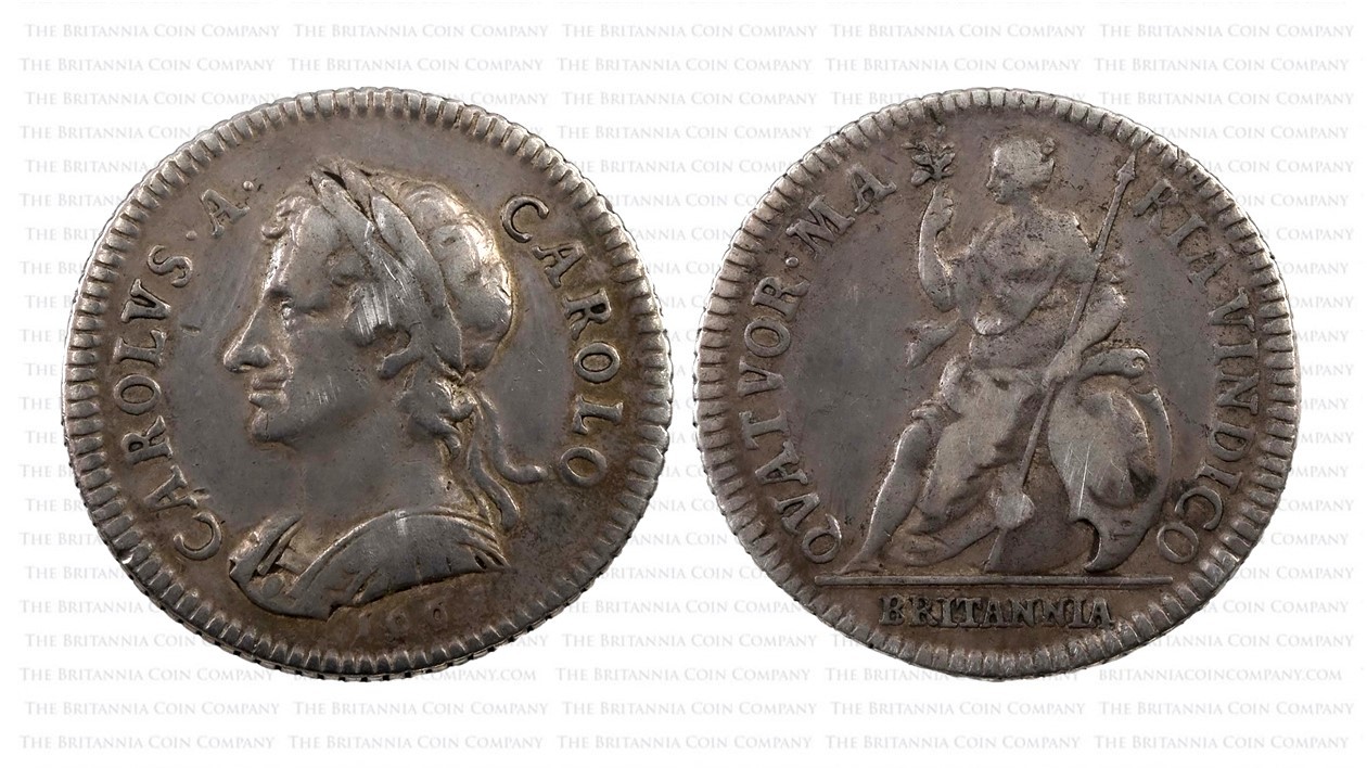 Britannia on the reverse of a 1665 milled pattern Farthing, struck in the reign of Charles II. Many design variants can be found amound these trial coins.