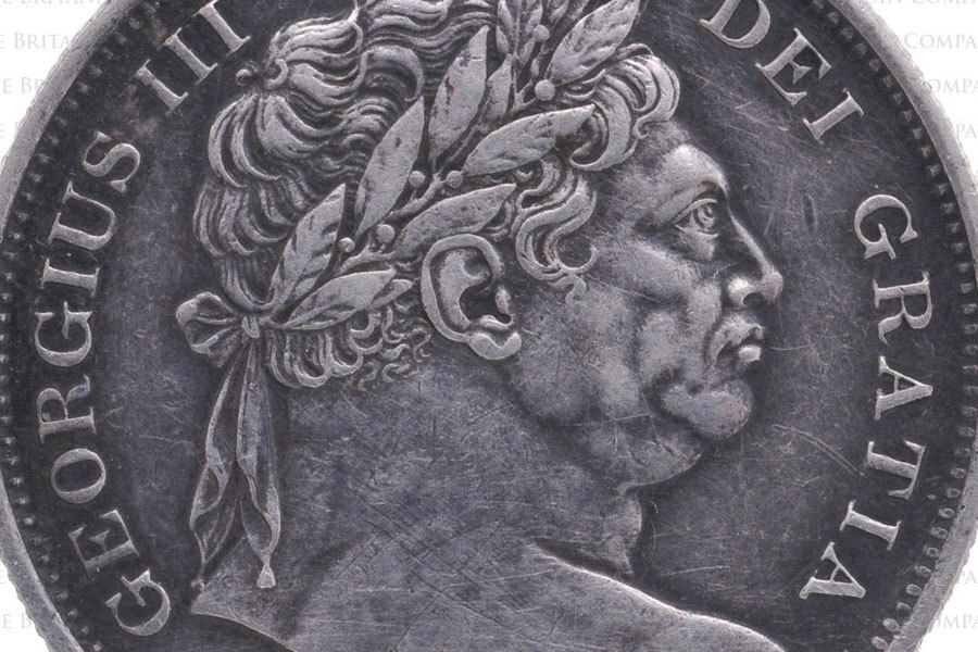 Pistrucci’s unflattering Bull Head on an 1817 George III Silver Half-Crown.