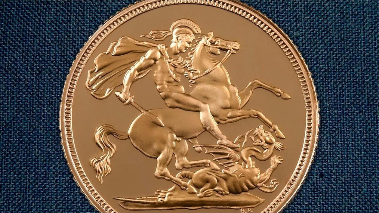 Benedetto Pistrucci's St George design on teh reverse of a modern gold proof Sovereign.