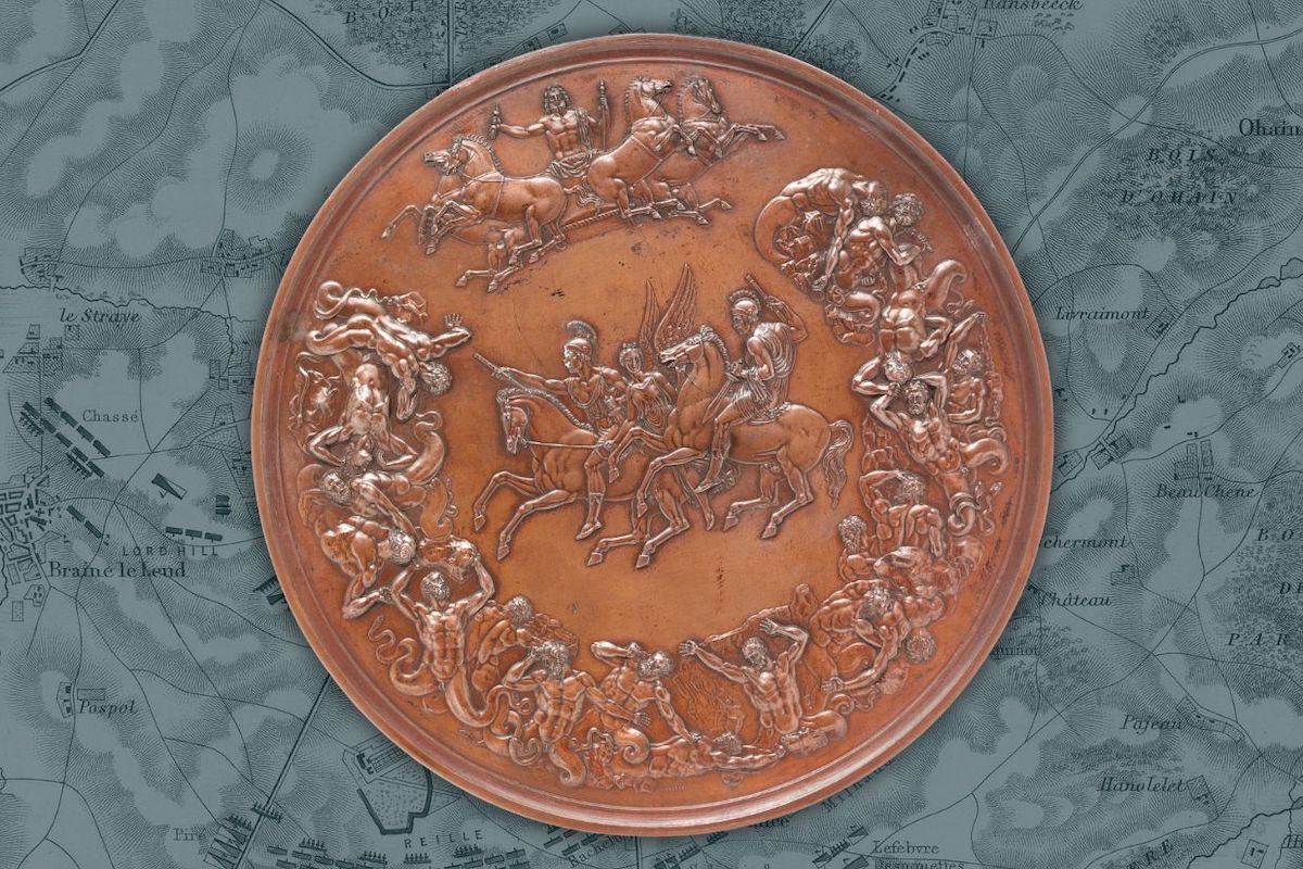The reverse of Pistrucci's Waterloo medal shows the Wellington and Blücher with Jupiter above and nineteen defeated giants below. Credit: Metropolitan Museum of Art.