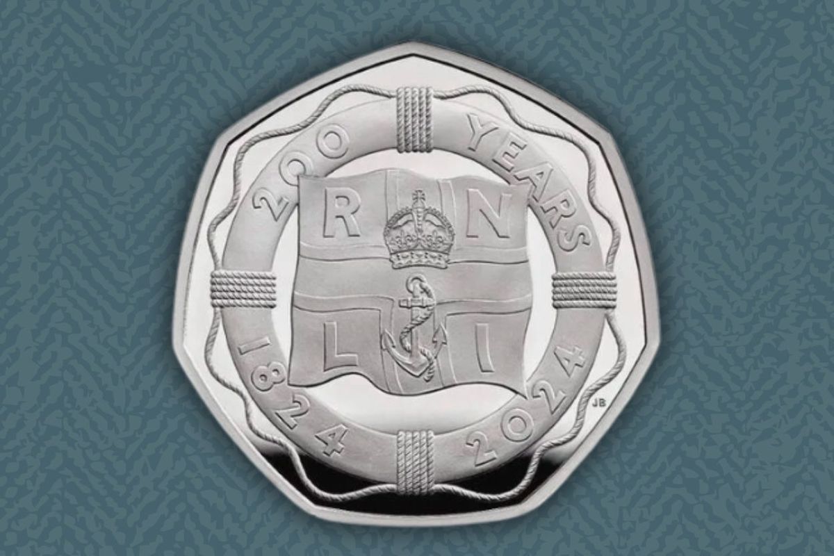 The new 2024 RNLI 50p coin shows a Kisbee life ring and the crown and anchor flag found on RNLI lifeboats.